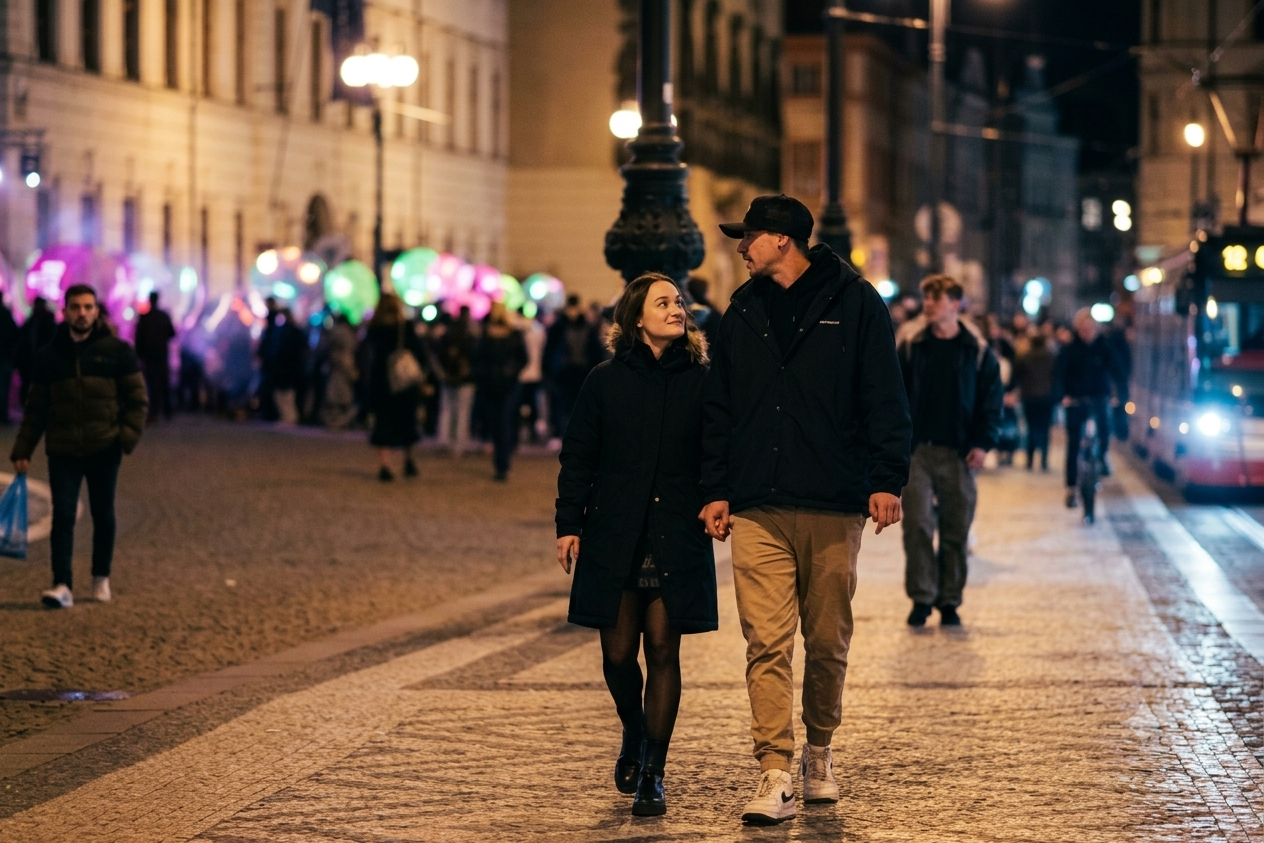 Couple walking at night down a cobbled street, crowd and coloured light installations blurred behind them