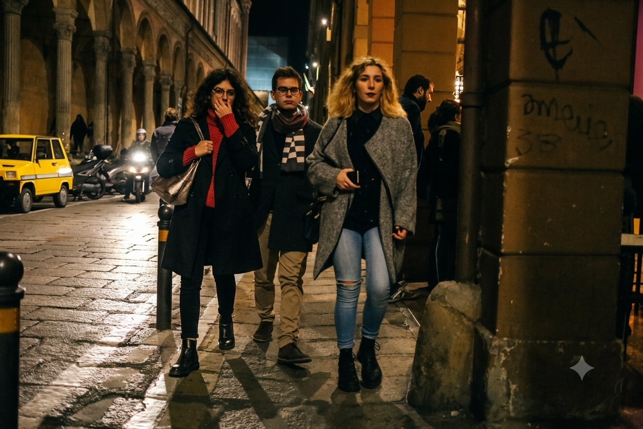 Three friends in wool coats walking under a lit stone portico at night