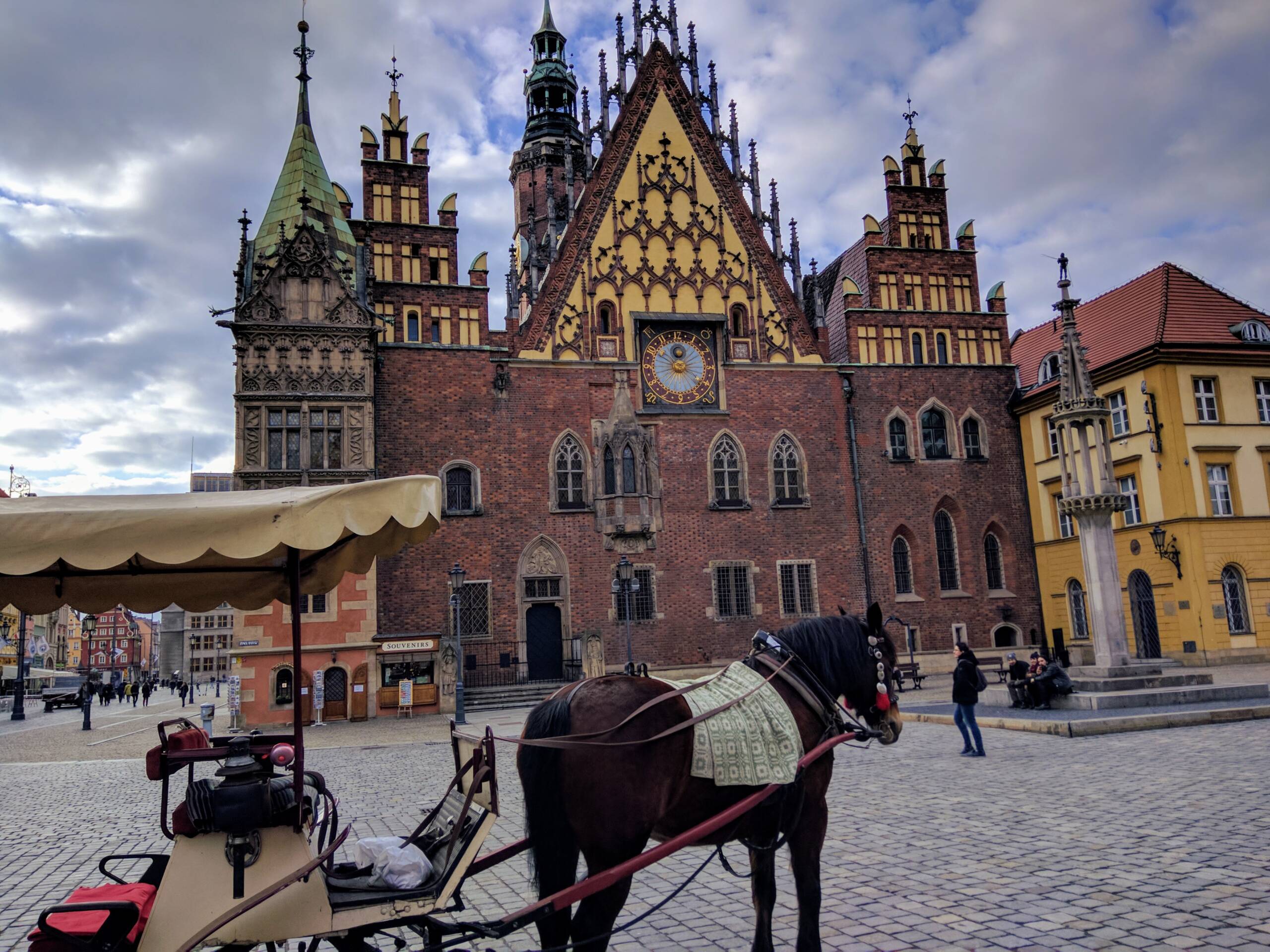 Wrocław Old Town Hall east façade with a waiting carriage horse on the Rynek