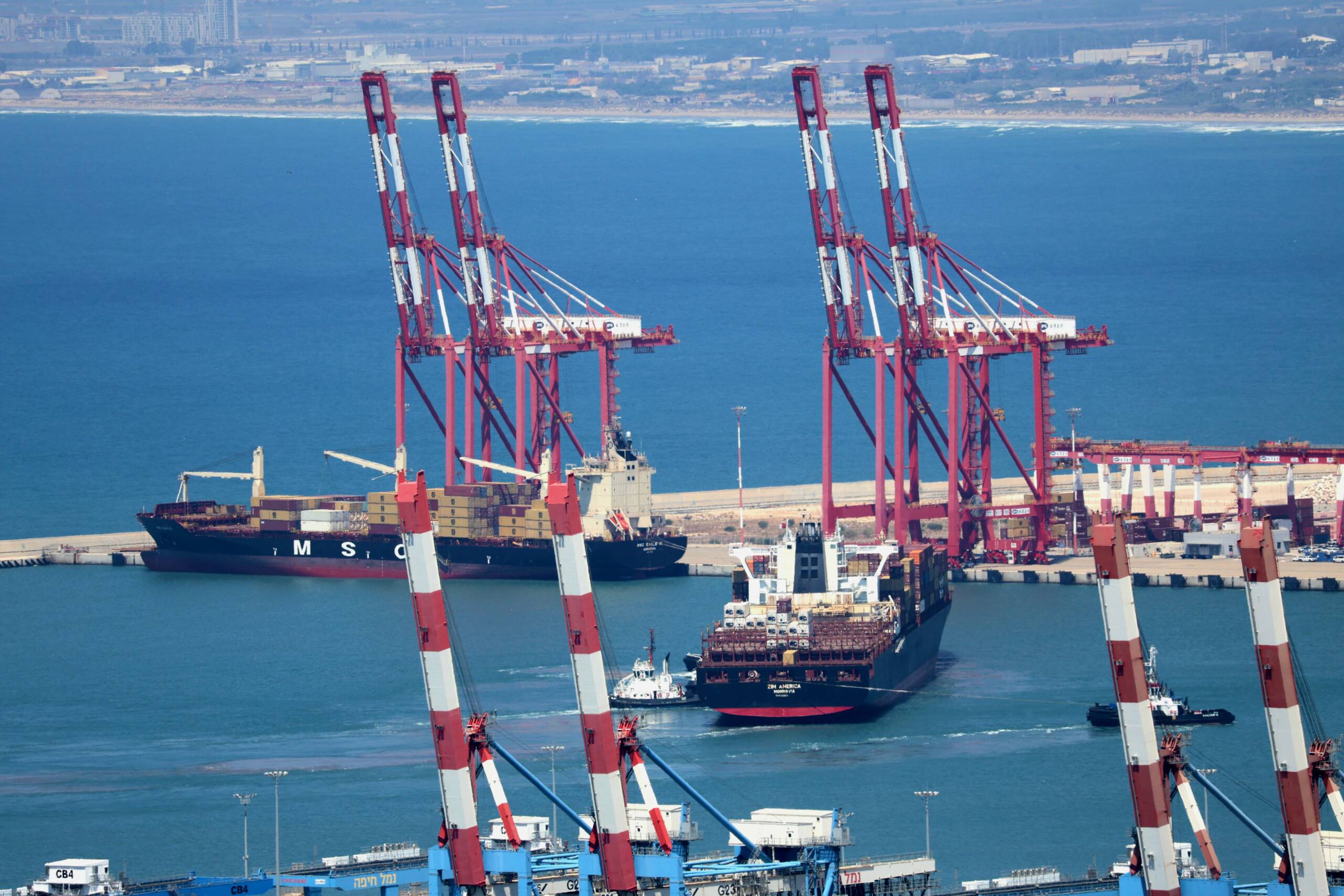 Ship-to-shore gantry cranes and container vessels at a deepwater terminal