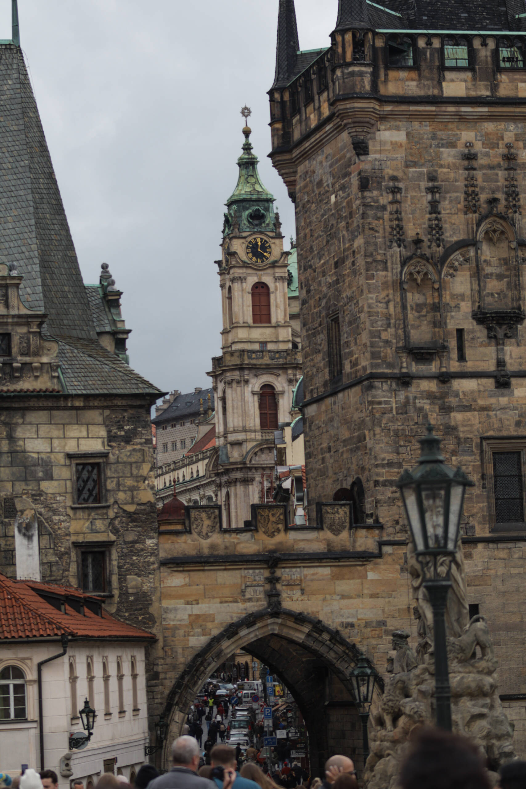 Malá Strana bridge tower and the belfry of St Nicholas Church, Prague