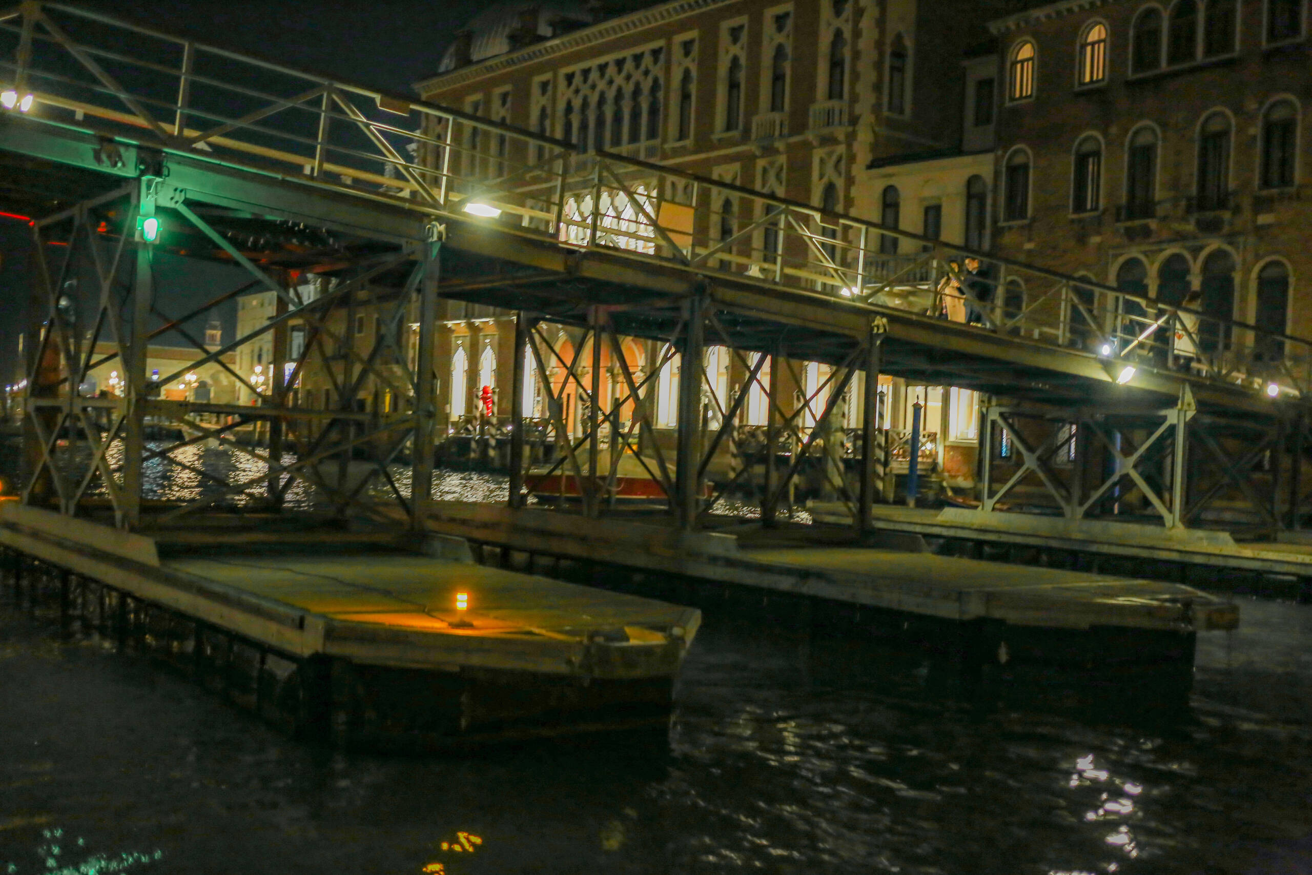 Temporary piled walkway over the Grand Canal at night, Venice