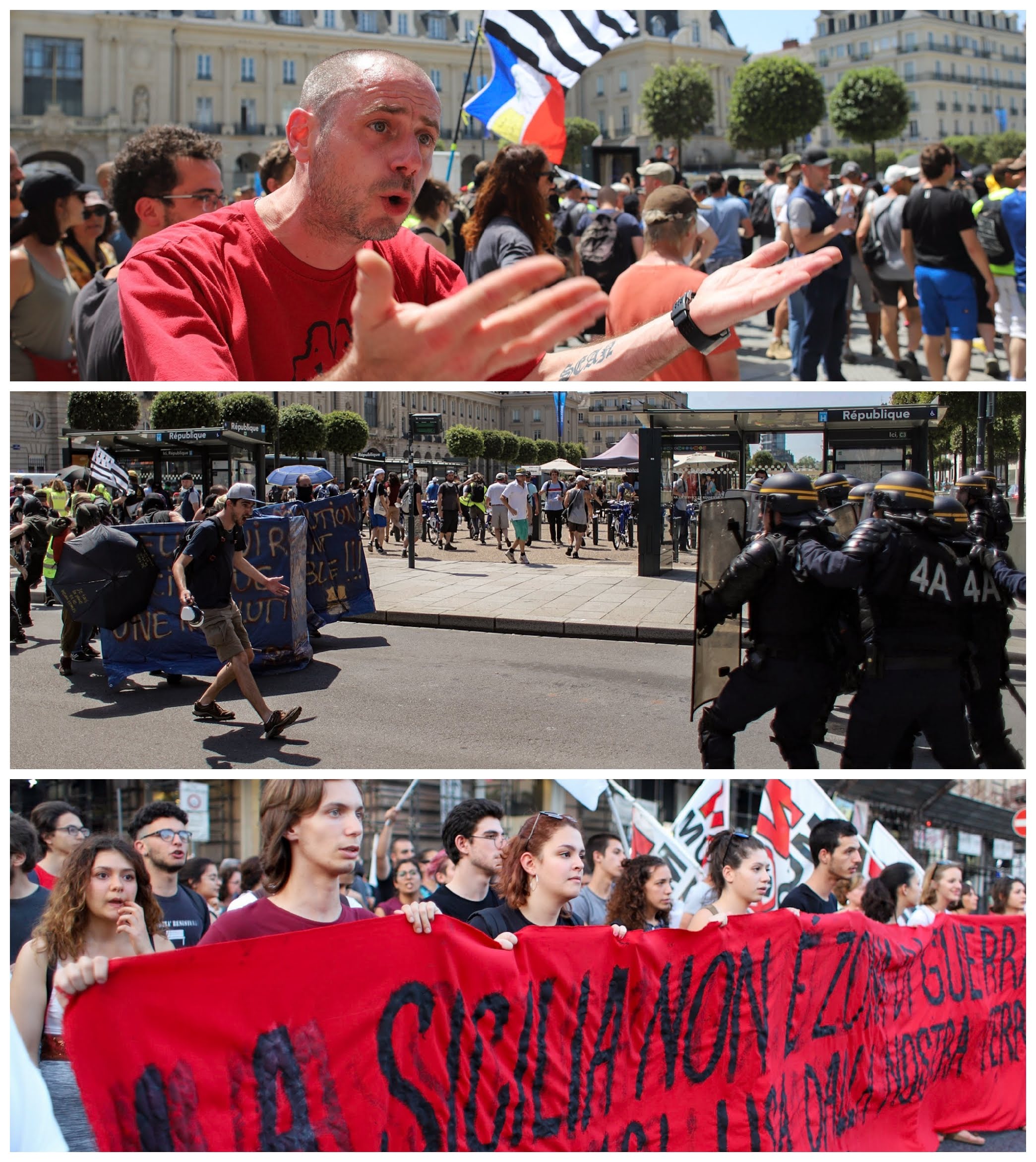 Three stacked frames from a street protest, read as a triptych