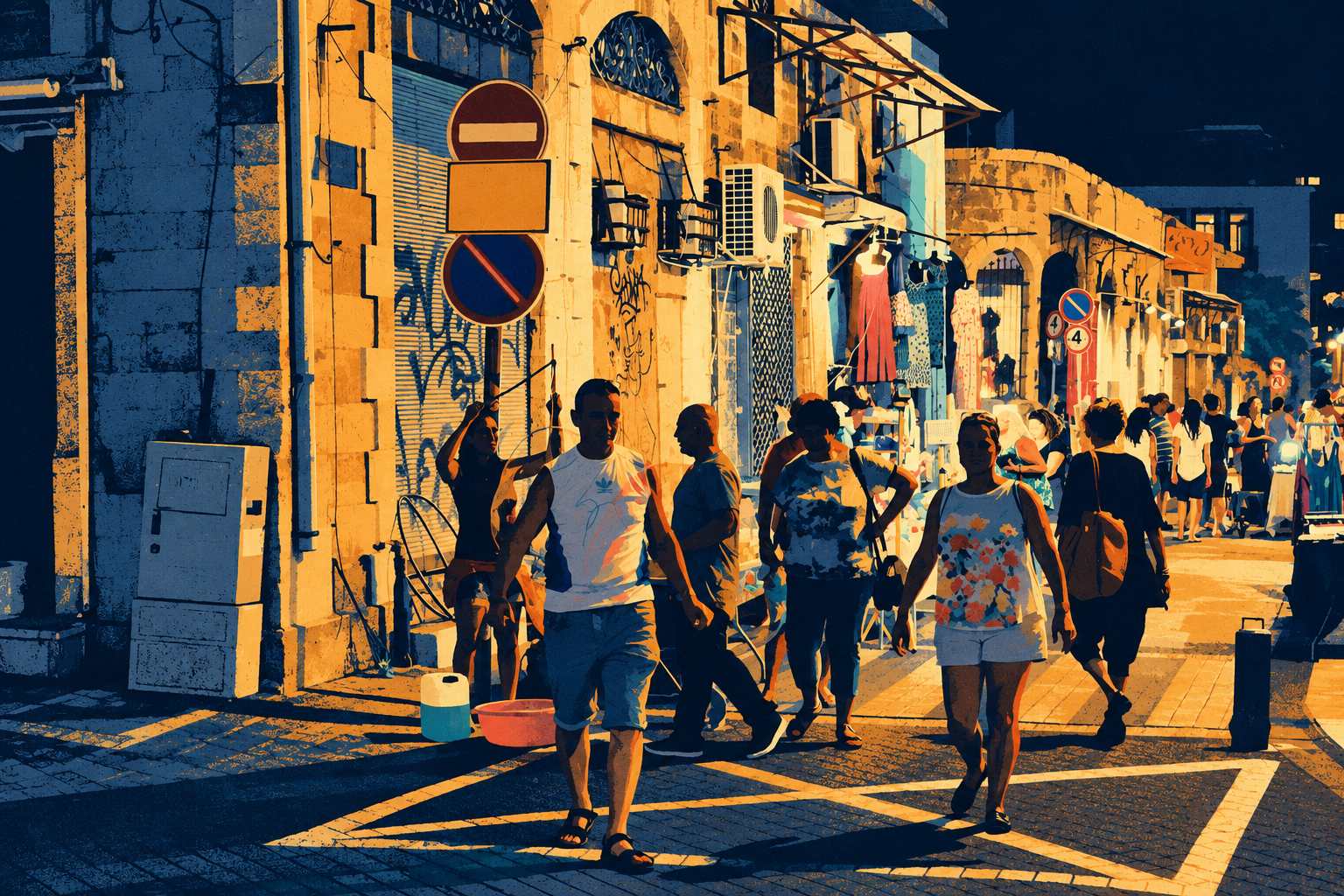 Posterized night street with amber stone buildings, indigo shadows, hanging dresses, circular traffic signs and pedestrians crossing a brightly patterned pavement.